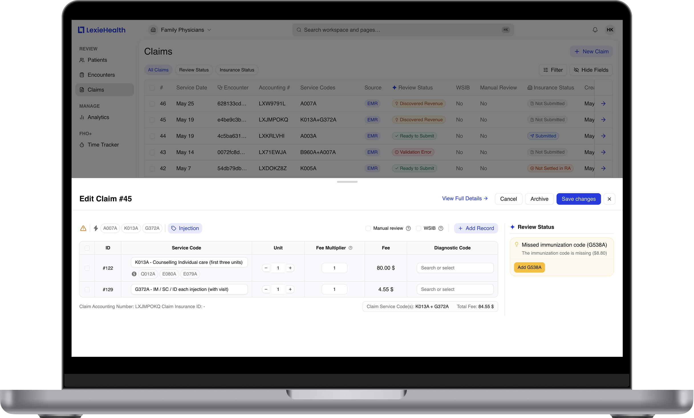LexieHealth platform showing the claims dashboard with AI-powered billing suggestions