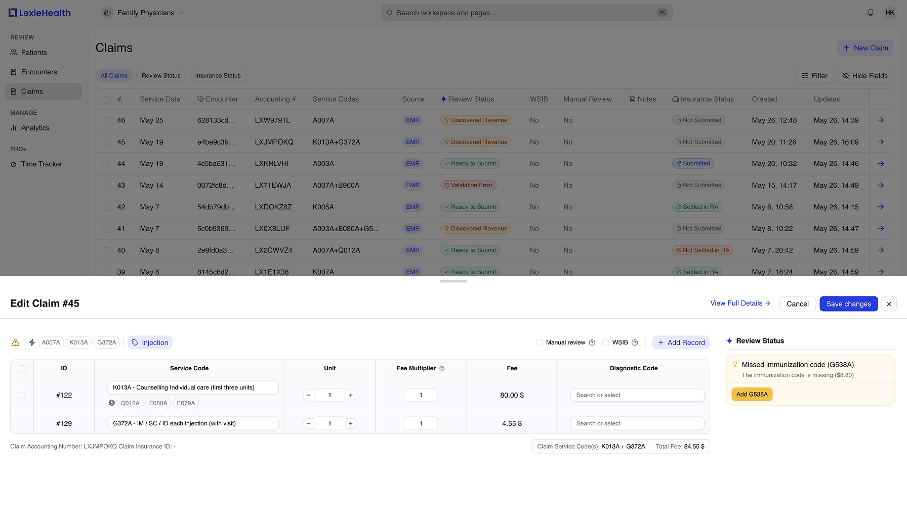 LexieHealth platform showing the claims dashboard with AI-powered billing suggestions